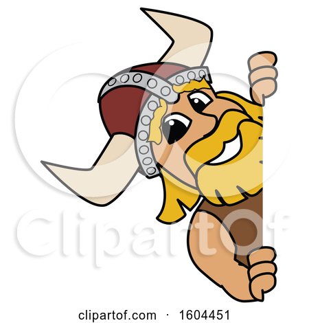 Clipart of a Male Viking School Mascot Character Looking Around a Sign - Royalty Free Vector Illustration by Mascot Junction