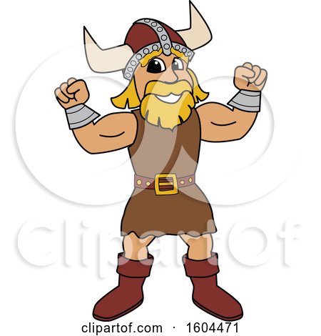Clipart of a Male Viking School Mascot Character Flexing His Muscles - Royalty Free Vector Illustration by Mascot Junction