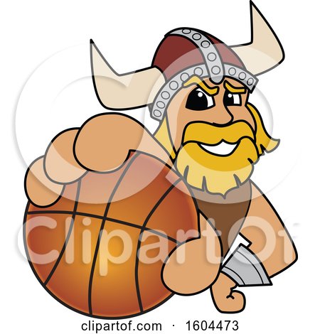 Clipart of a Male Viking School Mascot Character Grabbing a Basketball - Royalty Free Vector Illustration by Mascot Junction
