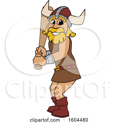 Clipart of a Male Viking School Mascot Character Holding a Baseball Bat - Royalty Free Vector Illustration by Mascot Junction
