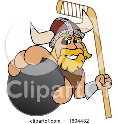 Clipart of a Male Viking School Mascot Character Holding a Hockey Puck and Stick - Royalty Free Vector Illustration by Mascot Junction
