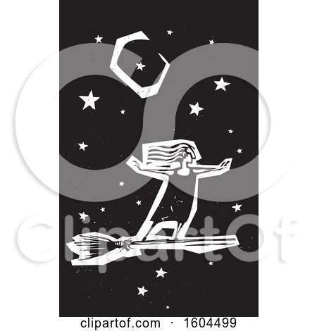 Clipart of a Witch Standing Upright and Flying on a Broom Against a Night Sky in Black and White Woodcut - Royalty Free Vector Illustration by xunantunich