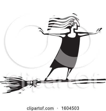 Clipart of a Witch Standing and Flying on a Broom in Black and White Woodcut - Royalty Free Vector Illustration by xunantunich