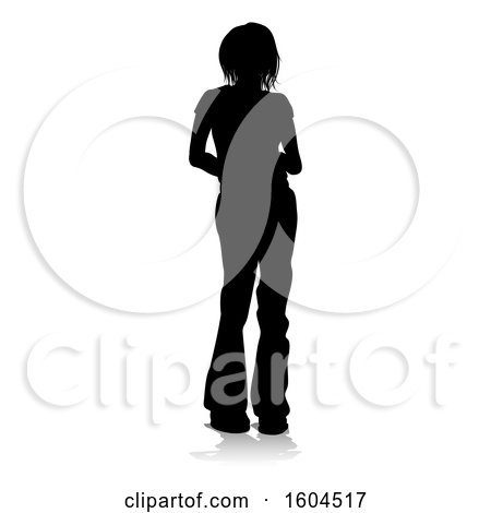 Clipart of a Silhouetted Teenage Girl, with a Reflection or Shadow, on a White Background - Royalty Free Vector Illustration by AtStockIllustration