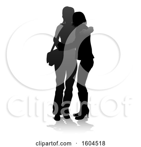 Clipart of Silhouetted Teenage Girls Hugging, with a Reflection or Shadow, on a White Background - Royalty Free Vector Illustration by AtStockIllustration