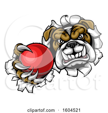 Clipart of a Tough Bulldog Monster Sports Mascot Holding out a Cricket Ball in One Clawed Paw and Breaking Through a Wall - Royalty Free Vector Illustration by AtStockIllustration