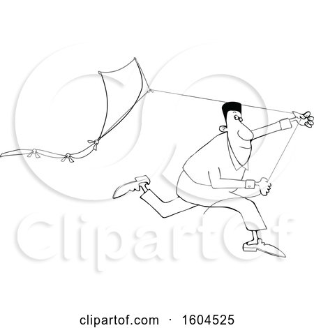 Clipart of a Lineart Black Man Running with a Kite - Royalty Free Vector Illustration by djart