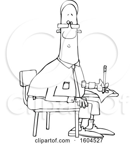 Clipart of a Cartoon Lineart Black Man Writing at a Desk - Royalty Free Vector Illustration by djart