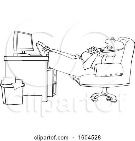 Clipart of a Cartoon Lineart Black Businessman Sleeping with His Feet on His Desk - Royalty Free Vector Illustration by djart