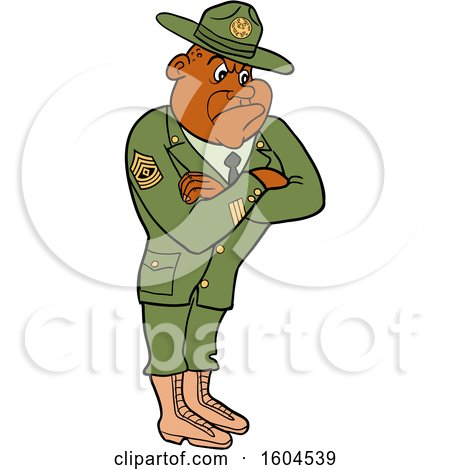 Clipart of a Cartoon First Rank Black Male Army Sergeant with Folded Arms, Looking Stern - Royalty Free Vector Illustration by LaffToon