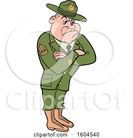 Clipart of a Cartoon First Rank White Male Army Sergeant with Folded Arms, Looking Stern - Royalty Free Vector Illustration by LaffToon