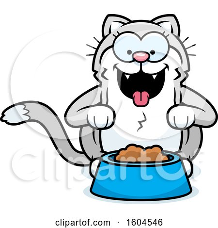 Clipart of a Cartoon Kitty Cat with a Bowl of Food - Royalty Free Vector Illustration by Cory Thoman