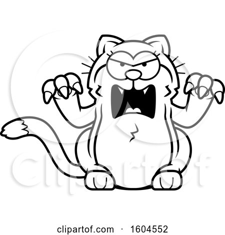 Clipart of a Cartoon Black And White Angry Kitty Cat - Royalty Free Vector Illustration by Cory Thoman