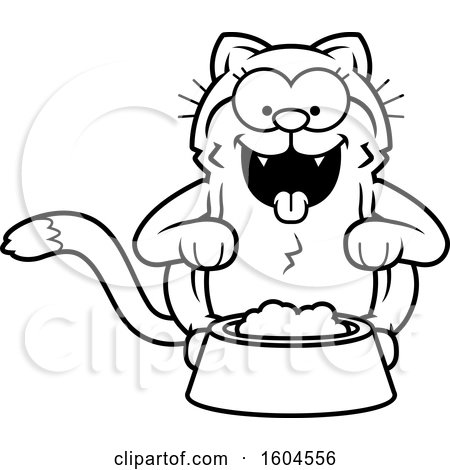 Clipart of a Cartoon Black And White Kitty Cat with a Bowl of Food - Royalty Free Vector Illustration by Cory Thoman