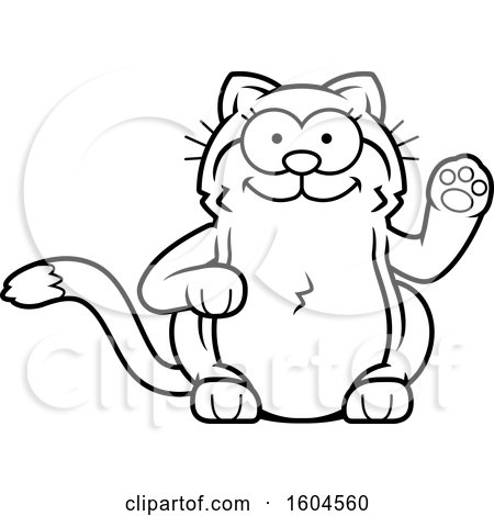 Clipart of a Cartoon Black And White Kitty Cat Waving - Royalty Free Vector Illustration by Cory Thoman