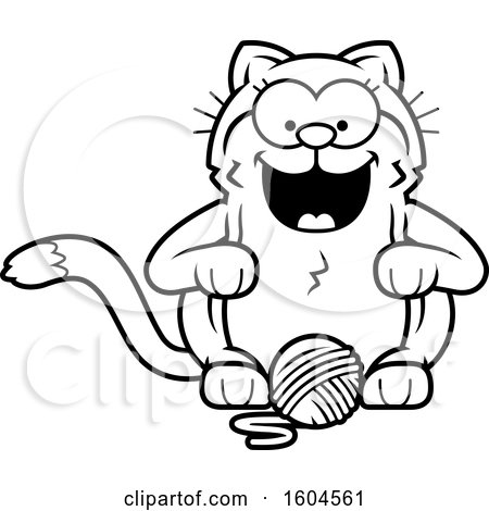 Clipart of a Cartoon Black And White Kitty Cat with a Ball of Yarn - Royalty Free Vector Illustration by Cory Thoman