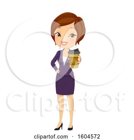 Clipart of a Brunette White Business Woman Holding out a Cup of to Go Coffee - Royalty Free Vector Illustration by BNP Design Studio