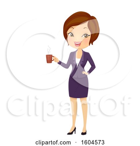Clipart of a Brunette White Business Woman Holding a Cup of Coffee - Royalty Free Vector Illustration by BNP Design Studio