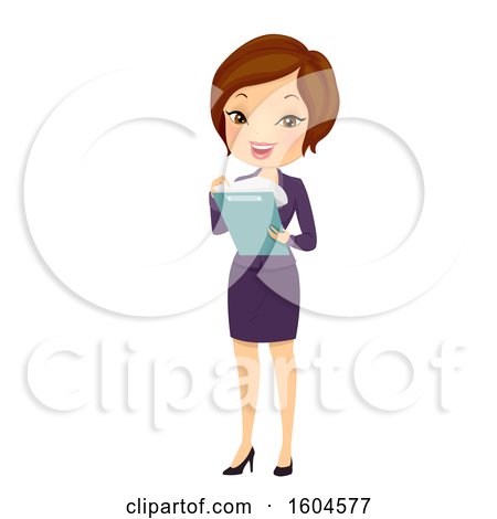 Clipart of a Brunette White Business Woman Looking at Documents on a Clipboard - Royalty Free Vector Illustration by BNP Design Studio