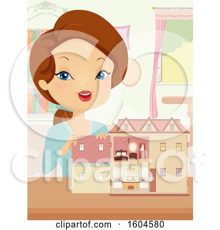 Clipart of a Brunette White Woman Showing a Furnished Doll House - Royalty Free Vector Illustration by BNP Design Studio