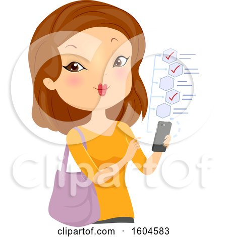 Clipart of a White Woman Checking off Items from a List on Her Cell Phone - Royalty Free Vector Illustration by BNP Design Studio