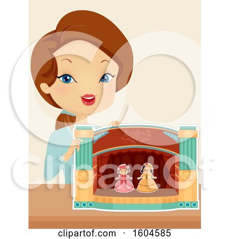 Clipart of a Brunette White Woman with a Paper Theater and Dolls - Royalty Free Vector Illustration by BNP Design Studio