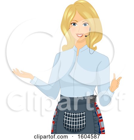 Clipart of a Blond White Woman Wearing a Microphone and Giving a Tour - Royalty Free Vector Illustration by BNP Design Studio