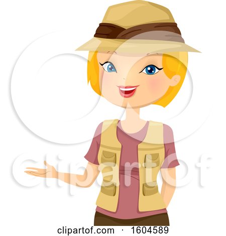 Clipart of a Blond White Woman Safari Tour Guide Presenting - Royalty Free Vector Illustration by BNP Design Studio