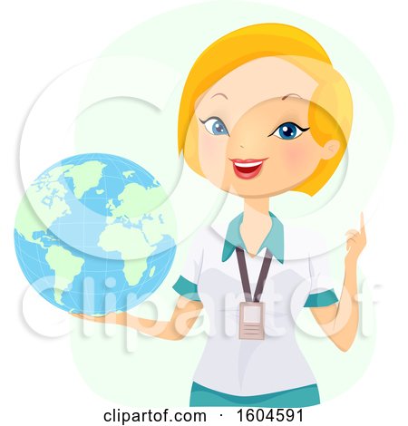 Clipart of a Blond White Female Teacher Holding a Globe - Royalty Free Vector Illustration by BNP Design Studio