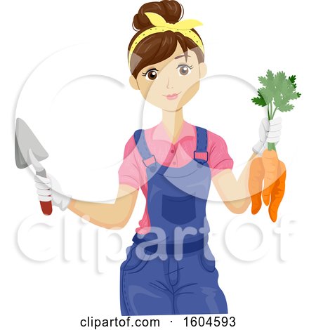 Clipart of a Young Brunette White Woman Holding Freshly Harvested Carrots - Royalty Free Vector Illustration by BNP Design Studio