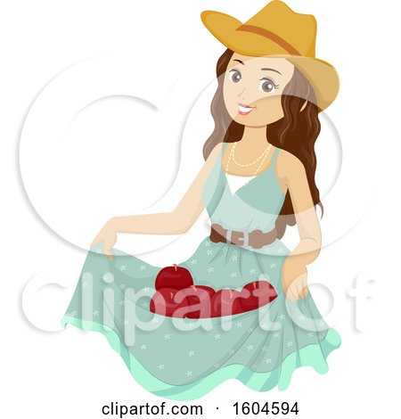 Clipart of a Young Woman Holding Freshly Picked Apples in Her Dress - Royalty Free Vector Illustration by BNP Design Studio