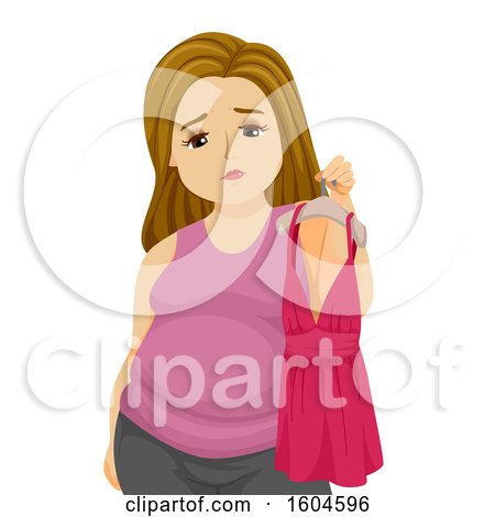 Clipart of a Sad Chubby White Teen Girl Holding a Tiny Blouse - Royalty Free Vector Illustration by BNP Design Studio