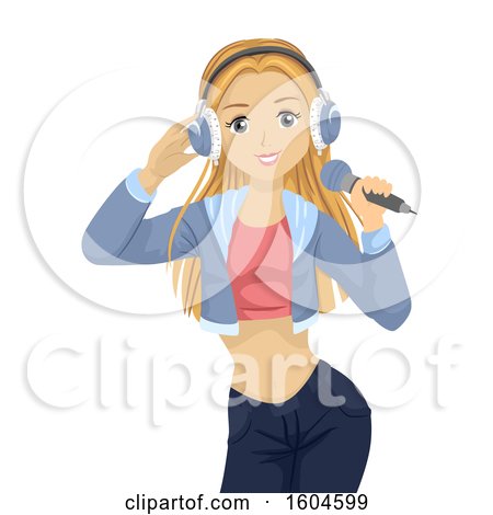 Clipart of a Happy Blond White Teen Girl Wearing Headphones and Singing - Royalty Free Vector Illustration by BNP Design Studio