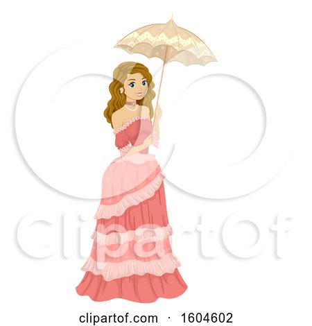 Clipart of a Teenage Girl in a Victorian Dress, Holding an Umbrella - Royalty Free Vector Illustration by BNP Design Studio