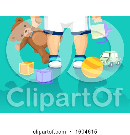 Clipart of a Toddler Holding a Sippy Cup and Teddy Bear over Toys - Royalty Free Vector Illustration by BNP Design Studio