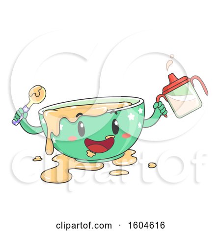 Clipart of a Messy Toddler Bowl Mascot Holding a Spoon and Sippy Cup - Royalty Free Vector Illustration by BNP Design Studio
