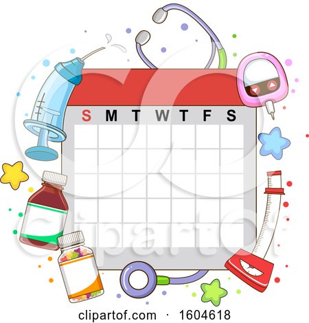 Clipart of a Calendar with Toddler Objects from Syringe to Stethoscope for Medical Check up - Royalty Free Vector Illustration by BNP Design Studio