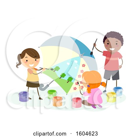 Clipart of a Group of Children Painting an Umbrella - Royalty Free Vector Illustration by BNP Design Studio