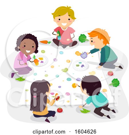 Clipart of a Group of Children Painting with Fruit and Vegetables - Royalty Free Vector Illustration by BNP Design Studio