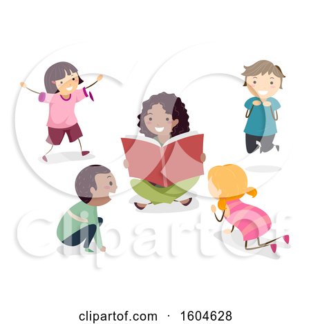 Clipart of a Female Teacher Reading a Book As Students Act out Animal Characters - Royalty Free Vector Illustration by BNP Design Studio