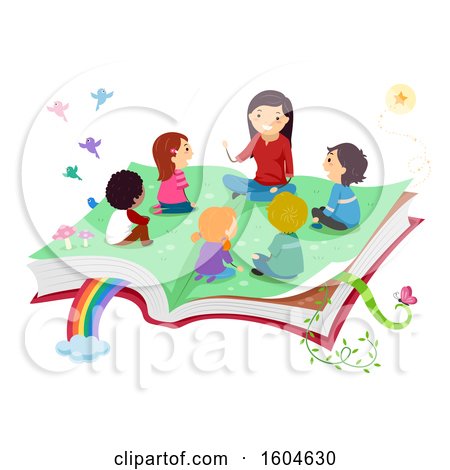 Clipart of a Female Teacher Telling a Story to Children on a Magical Open Book - Royalty Free Vector Illustration by BNP Design Studio