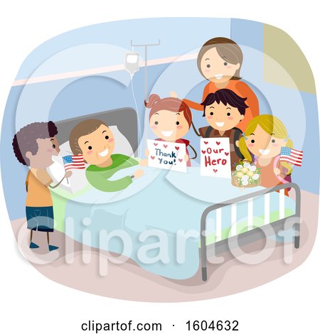 Clipart of a Female Teacher and Students Visiting a Veteran at a Hospital - Royalty Free Vector Illustration by BNP Design Studio