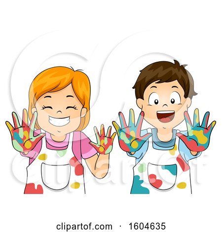 Clipart of a Boy and Girl Holding out Their Colorful Hands Covered in Paint - Royalty Free Vector Illustration by BNP Design Studio