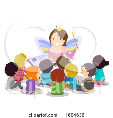 Clipart of a Female Teacher Dressed As a Fairy and Reading a Book to Students - Royalty Free Vector Illustration by BNP Design Studio
