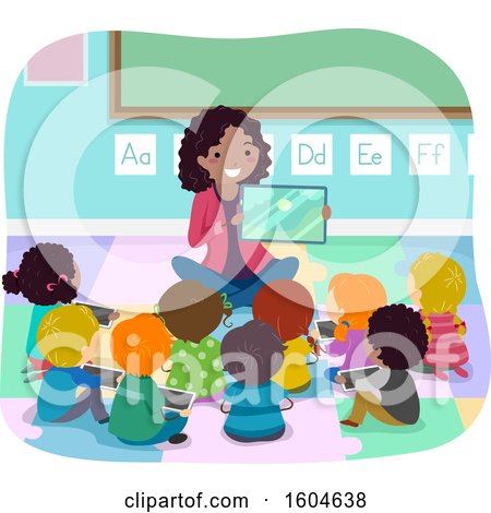 Clipart of a Female Teacher Using a Tablet to Tell a Story to Her Children - Royalty Free Vector Illustration by BNP Design Studio