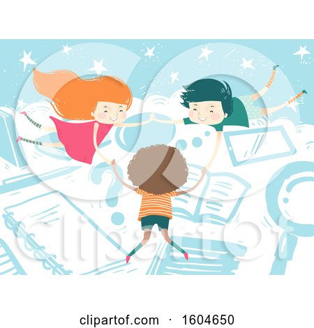 Clipart of Kids Floating in the Clouds Among School Elements like Book, Notebook and Magnifying Glass - Royalty Free Vector Illustration by BNP Design Studio