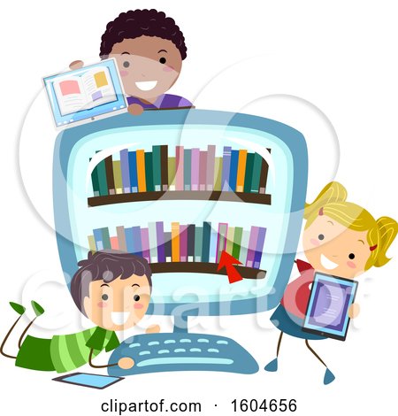 Clipart of a Group of Children with Tablets and a Computer with Digital Books - Royalty Free Vector Illustration by BNP Design Studio