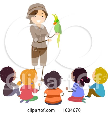 Clipart of a Zookeeper Discussing a Parrot with Children - Royalty Free Vector Illustration by BNP Design Studio
