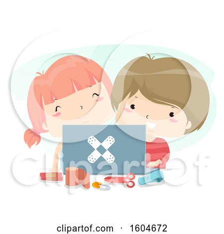 Clipart of a Boy and Girl Watching First Aid Videos on a Laptop - Royalty Free Vector Illustration by BNP Design Studio