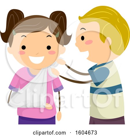 Clipart of a Boy Bandaging up a Girls Arm in a Sling - Royalty Free Vector Illustration by BNP Design Studio